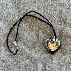 Black Glass Heart Pendant Necklace With Silver Backing 18” Long Cord